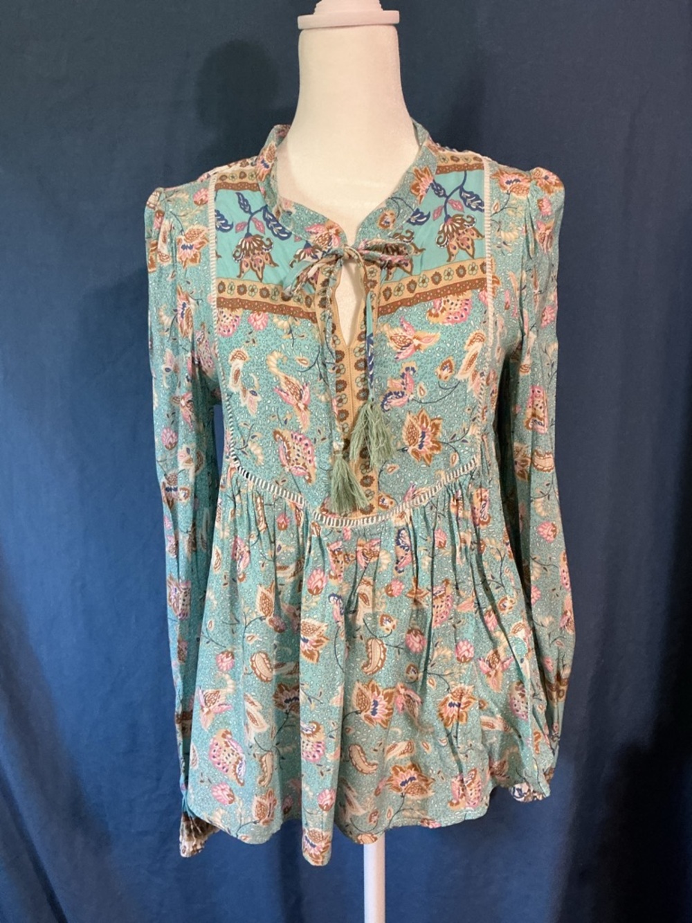 Aqua colored Floral Bohemian Tie-Front Peasant Top